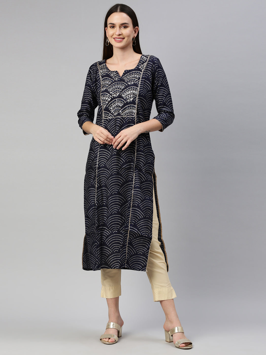 Neeru'S Navy Blue Color Santoon Fabric Kurta