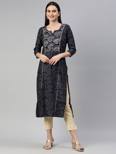 Neeru'S Navy Blue Color Santoon Fabric Kurta