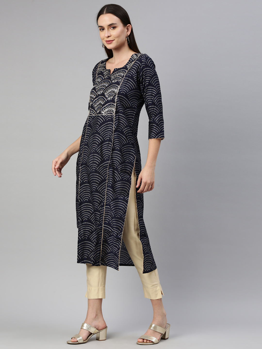 Neeru'S Navy Blue Color Santoon Fabric Kurta