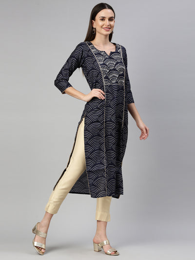 Neeru'S Navy Blue Color Santoon Fabric Kurta