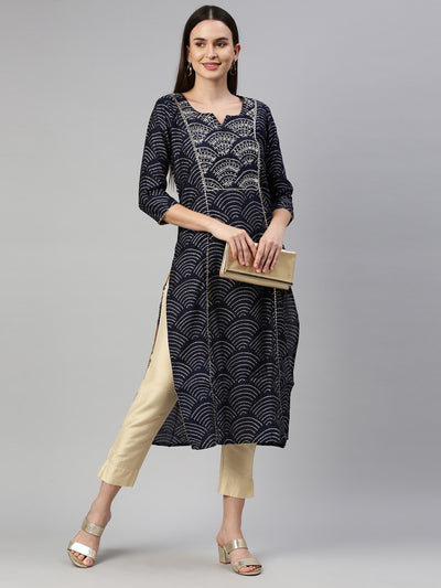 Neeru'S Navy Blue Color Santoon Fabric Kurta