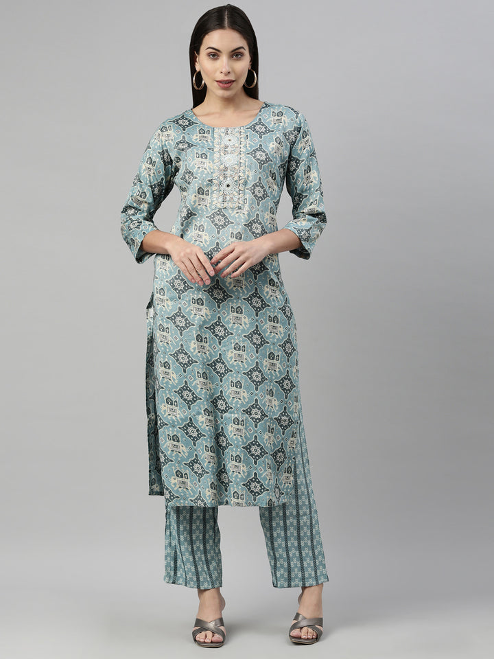 Neerus Aqua Color Slub Rayon Fabric Suit Set