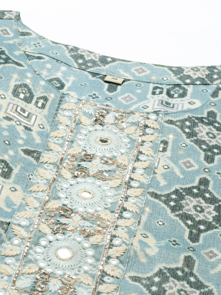 Neerus Aqua Color Slub Rayon Fabric Suit Set