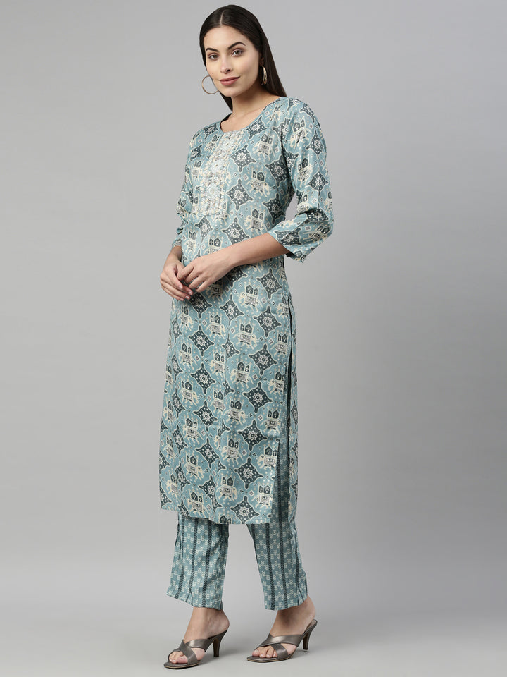 Neerus Aqua Color Slub Rayon Fabric Suit Set