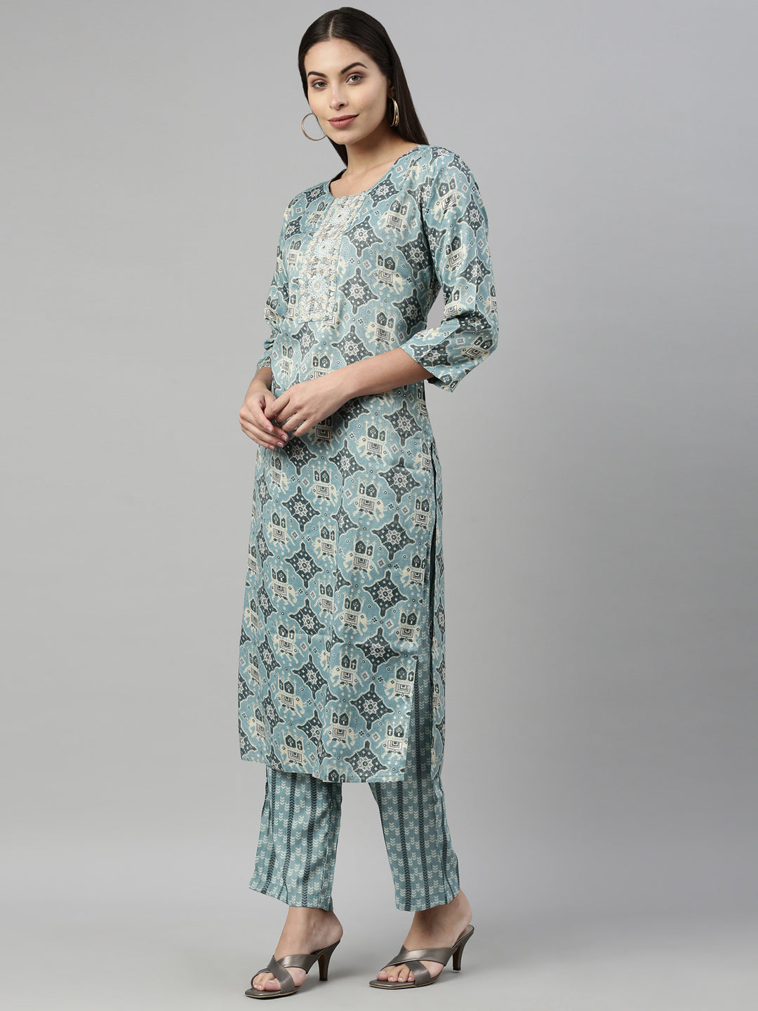 Neeru'S AQUA Color SLUB RAYON Fabric Suit Set