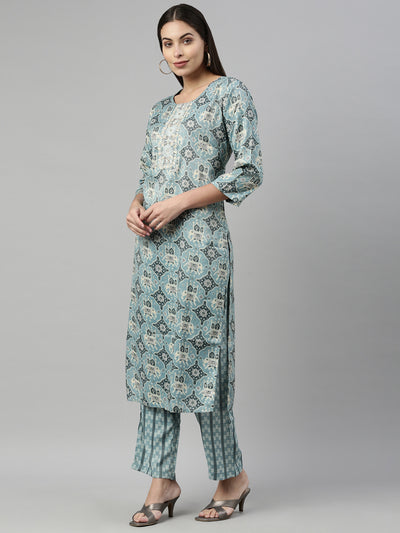 Neeru'S AQUA Color SLUB RAYON Fabric Suit Set