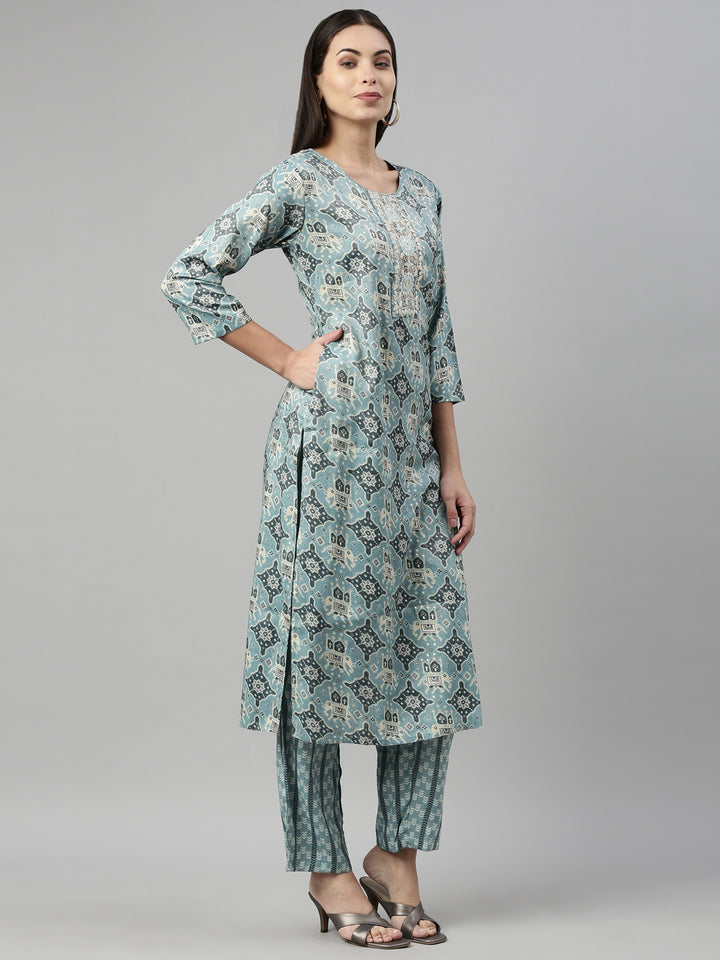 Neerus Aqua Color Slub Rayon Fabric Suit Set