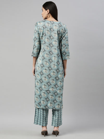 Neeru'S AQUA Color SLUB RAYON Fabric Suit Set