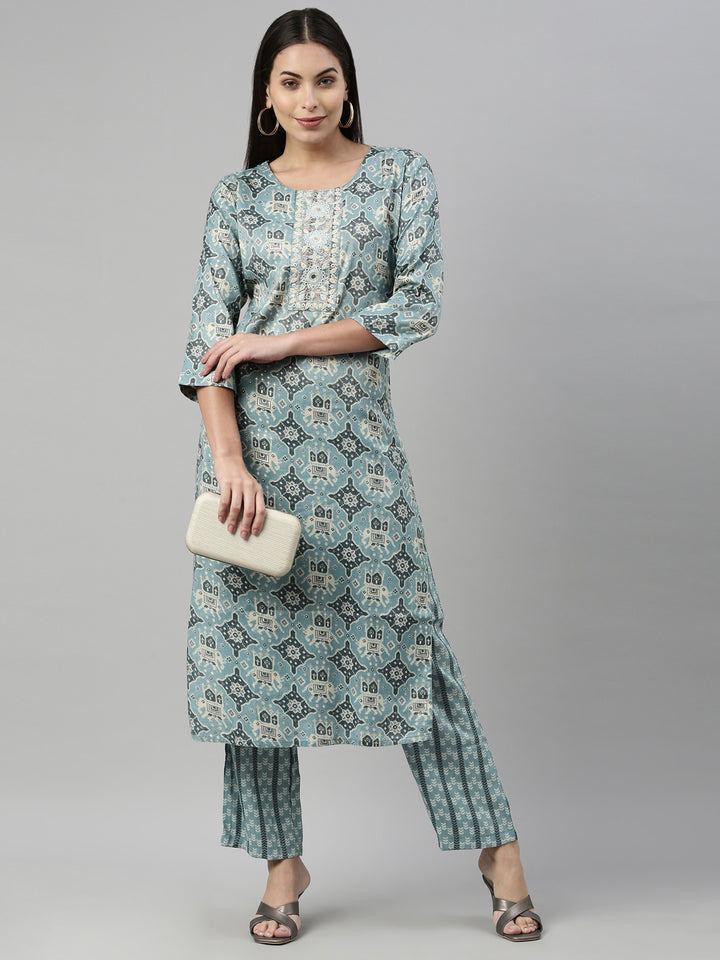 Neerus Aqua Color Slub Rayon Fabric Suit Set