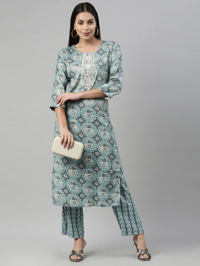 Neeru'S AQUA Color SLUB RAYON Fabric Suit Set