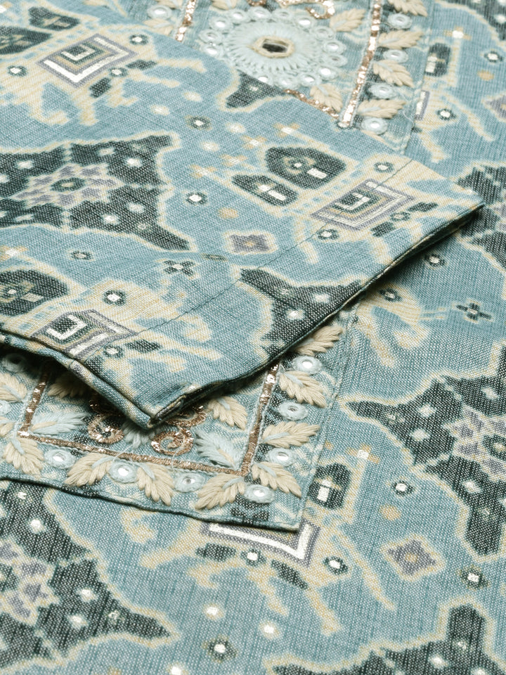 Neerus Aqua Color Slub Rayon Fabric Suit Set