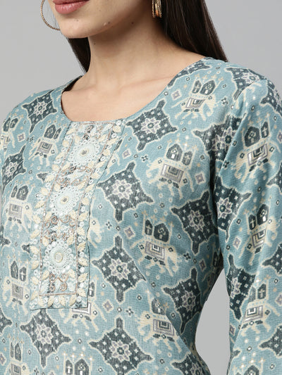 Neeru'S AQUA Color SLUB RAYON Fabric Suit Set