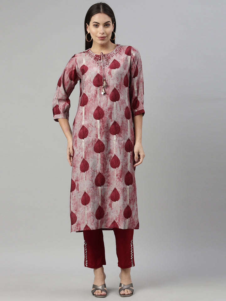 Neerus Maroon modal printed suit set - front view