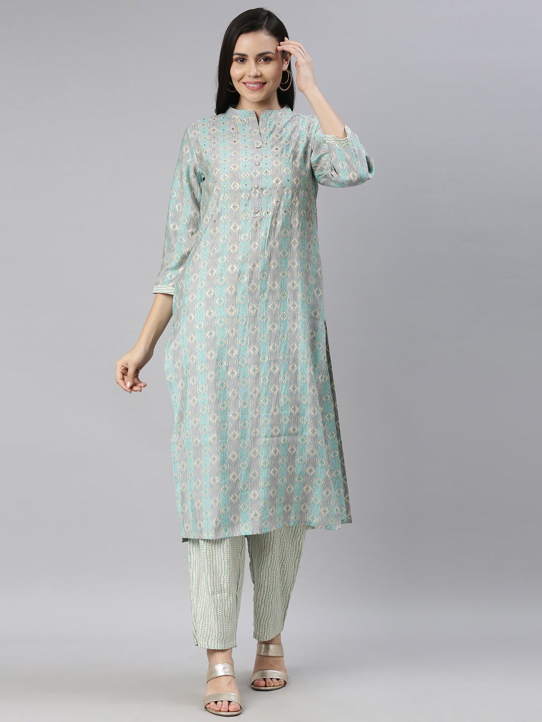Neerus Ferozi Color Cotton Fabric Kurta