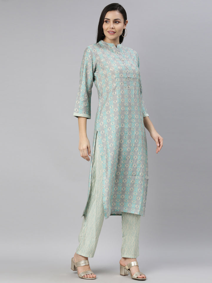 Neerus Ferozi Color Cotton Fabric Kurta