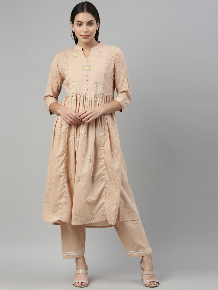 Neerus Beige Color Cotton Fabric Suit Set