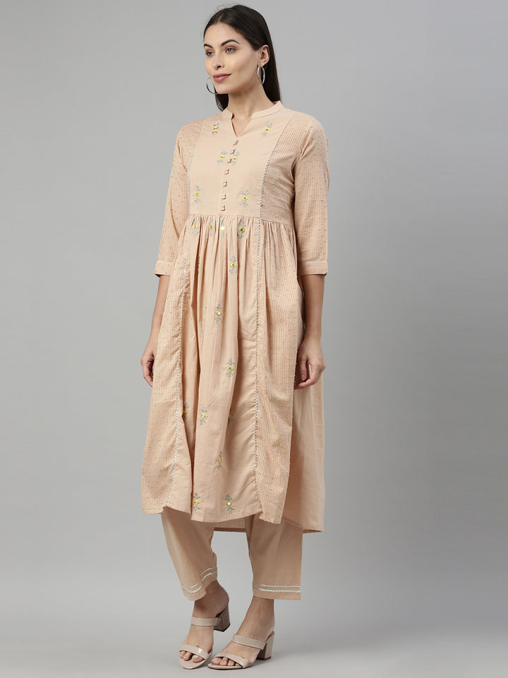Neerus Beige Color Cotton Fabric Suit Set