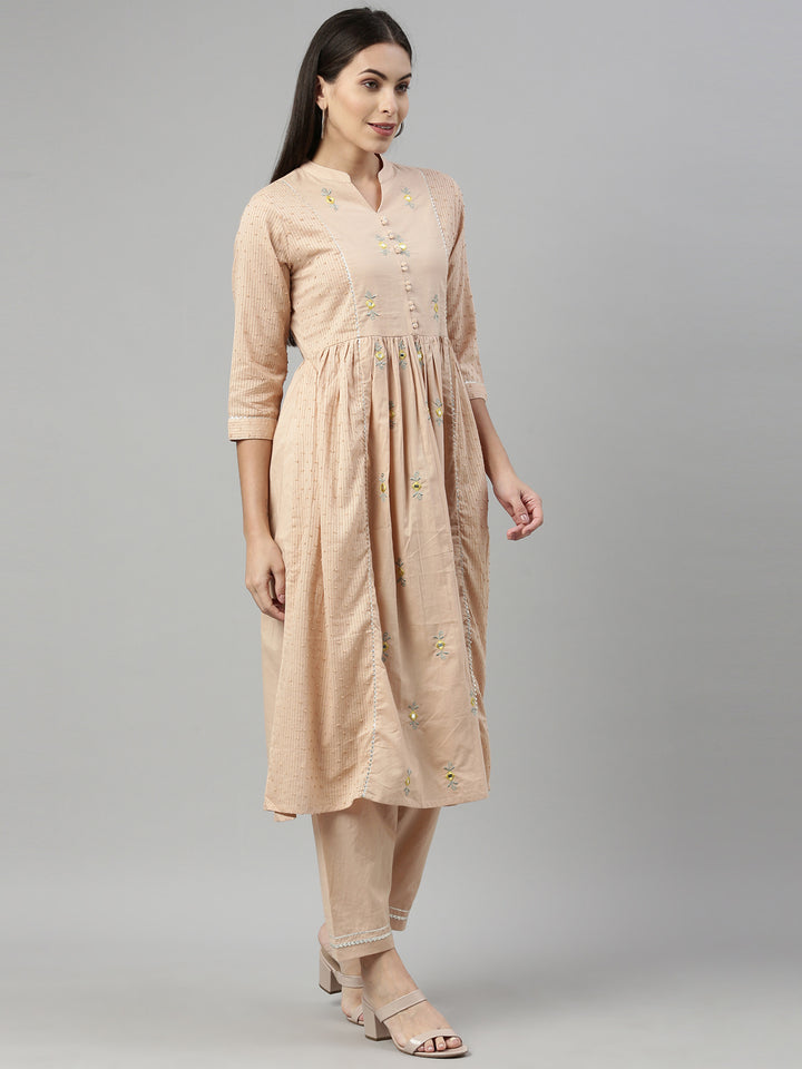 Neerus Beige Color Cotton Fabric Suit Set