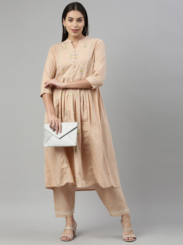 Neerus Beige Color Cotton Fabric Suit Set