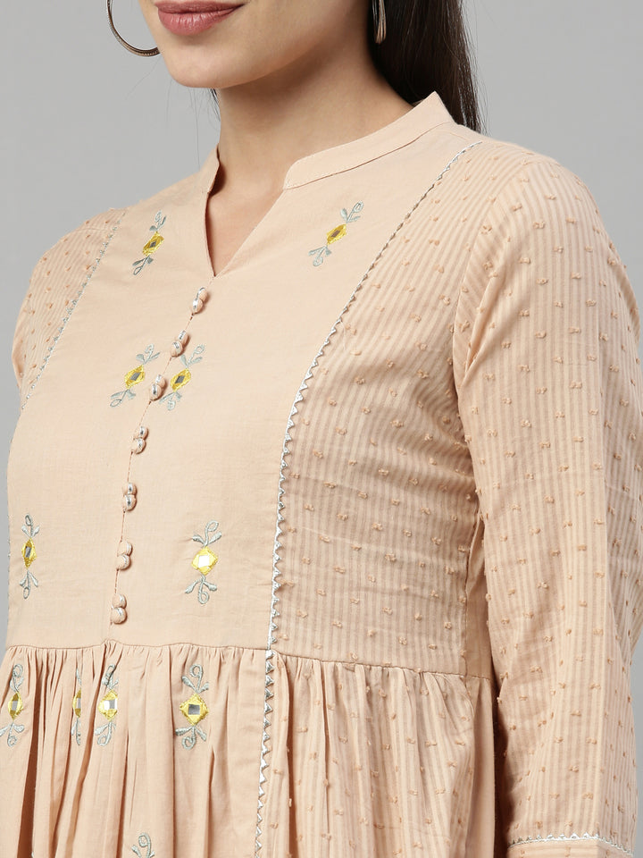 Neerus Beige Color Cotton Fabric Suit Set