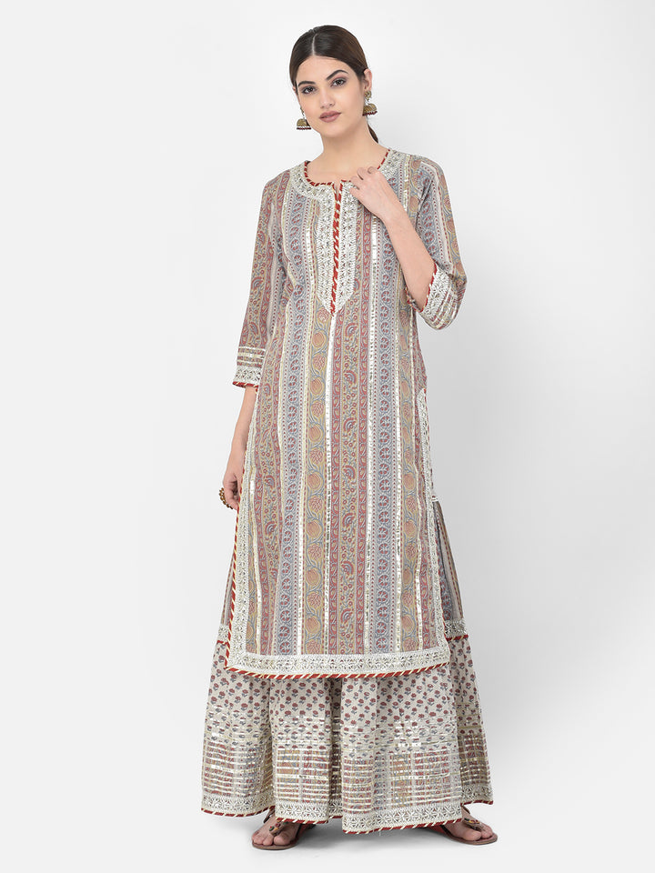 Neerus Grey cotton printed kurta set with palazzo and dupatta - front view