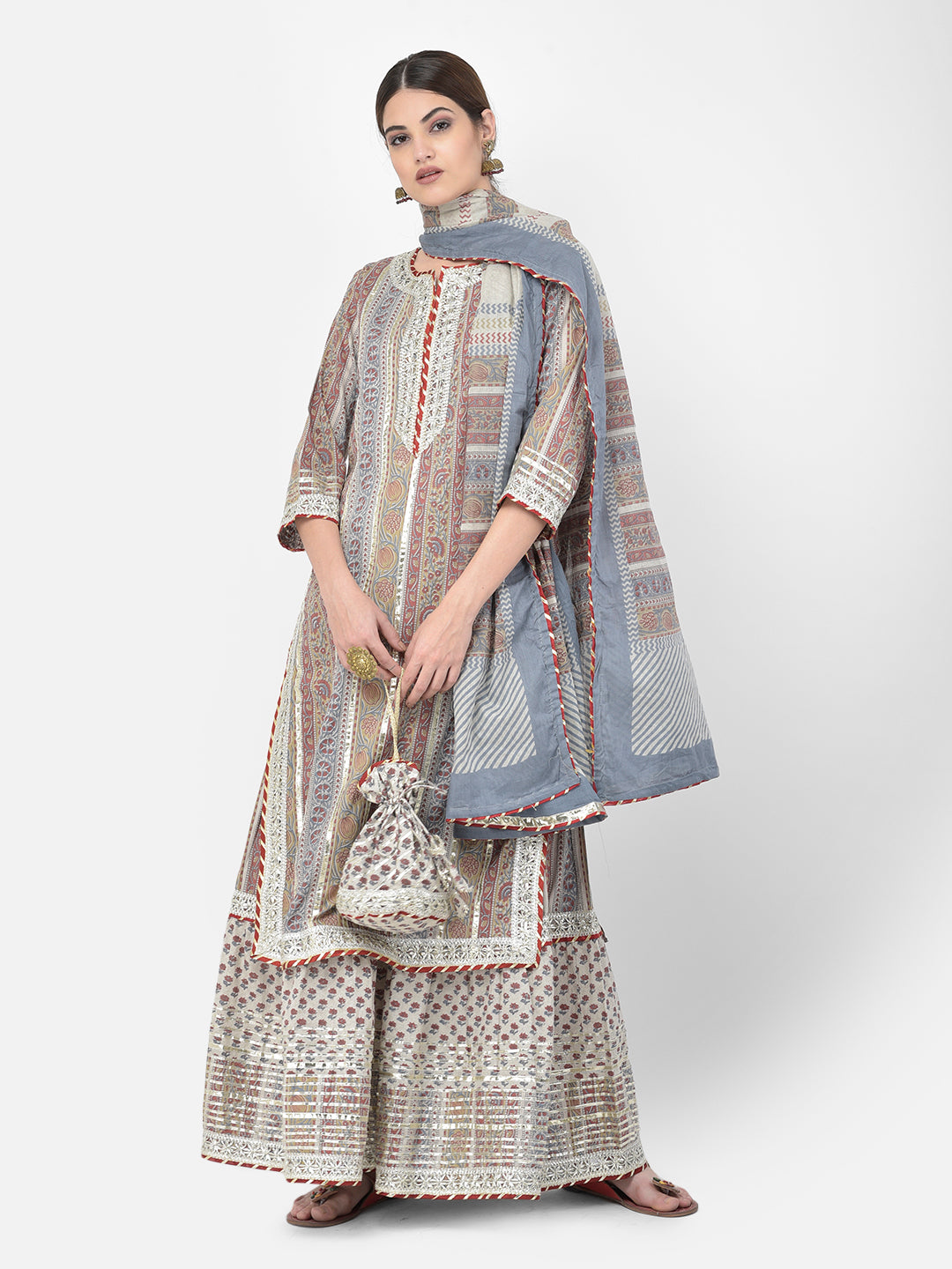 Neerus Grey cotton printed kurta set with palazzo and dupatta - detail view 5