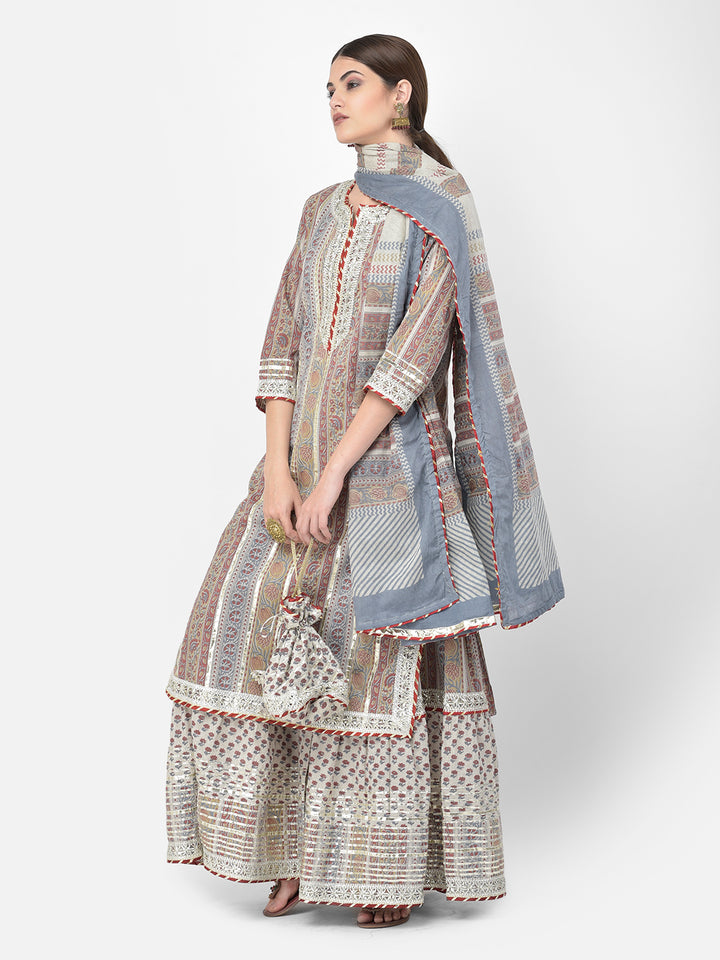 Neerus Grey cotton printed kurta set with palazzo and dupatta - back view