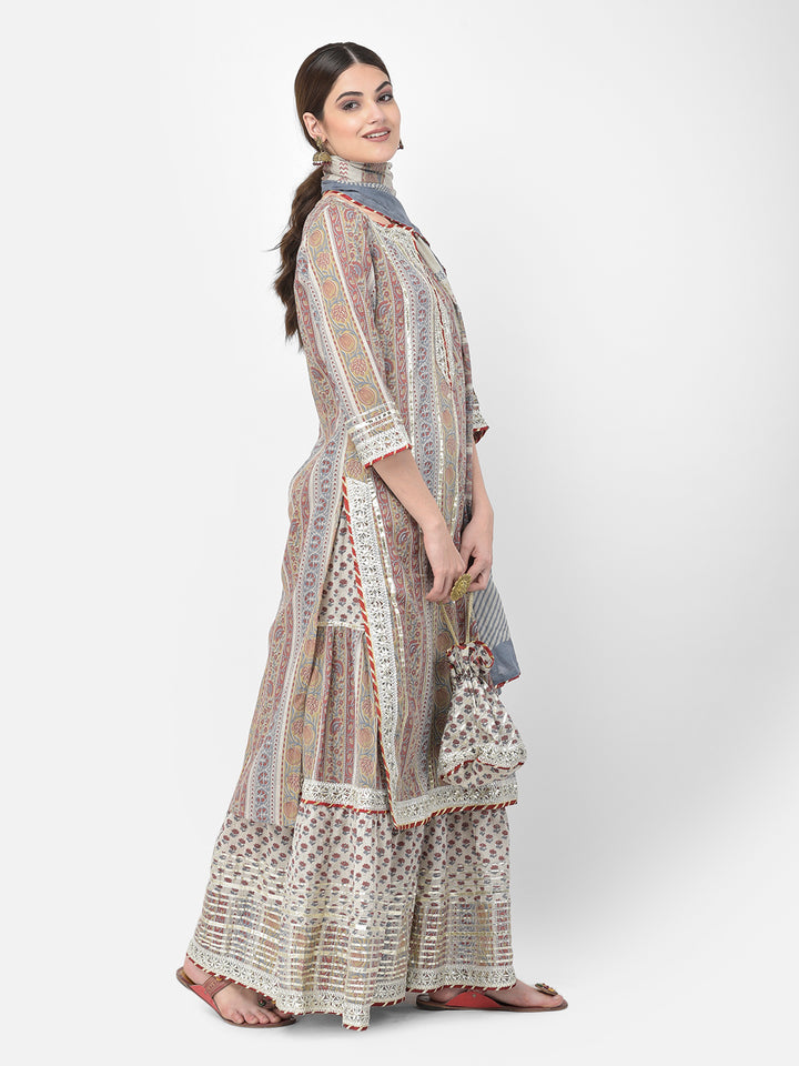 Neerus Grey cotton printed kurta set with palazzo and dupatta - side view