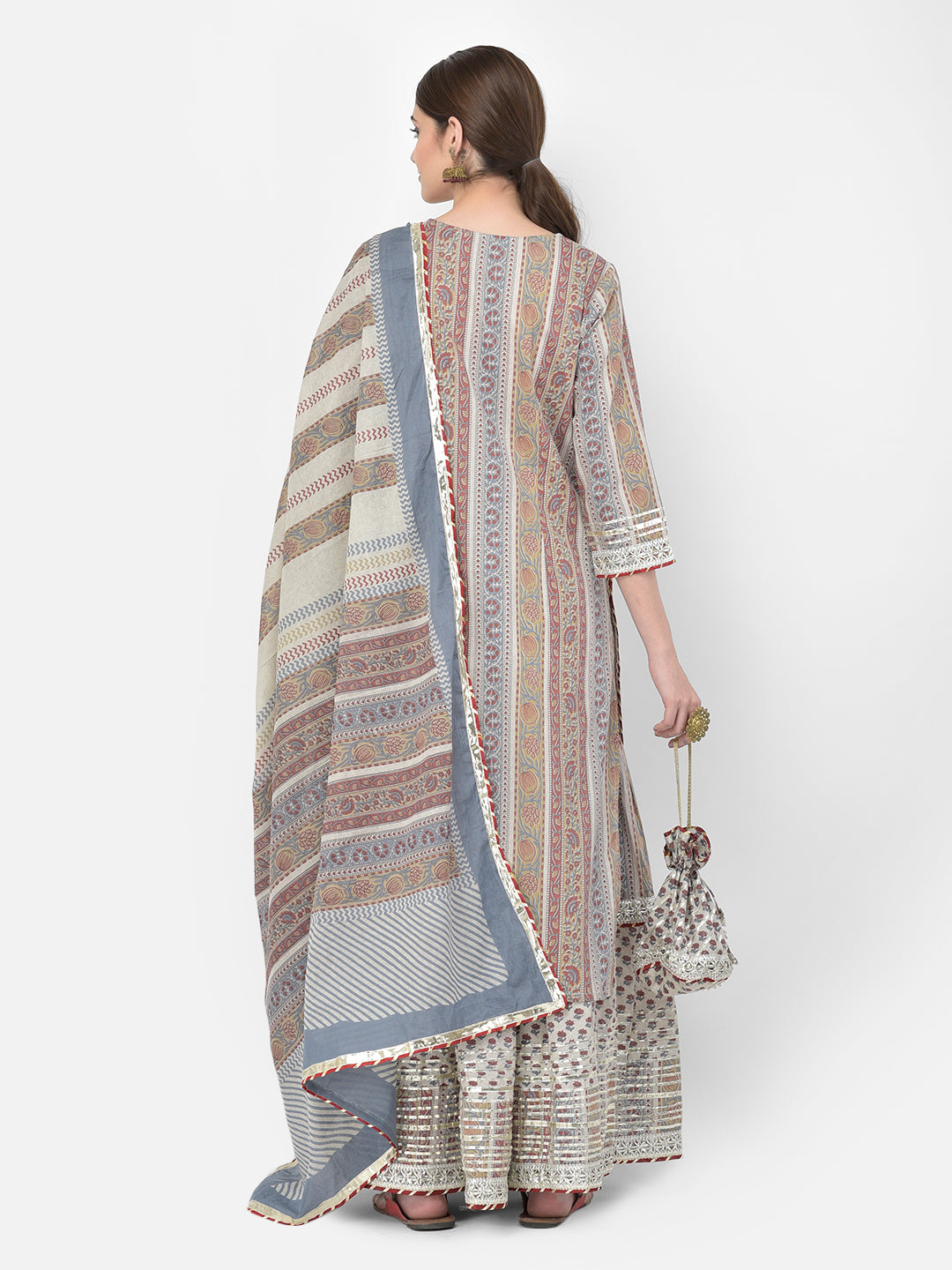Neerus Grey cotton printed kurta set with palazzo and dupatta - detail view 1