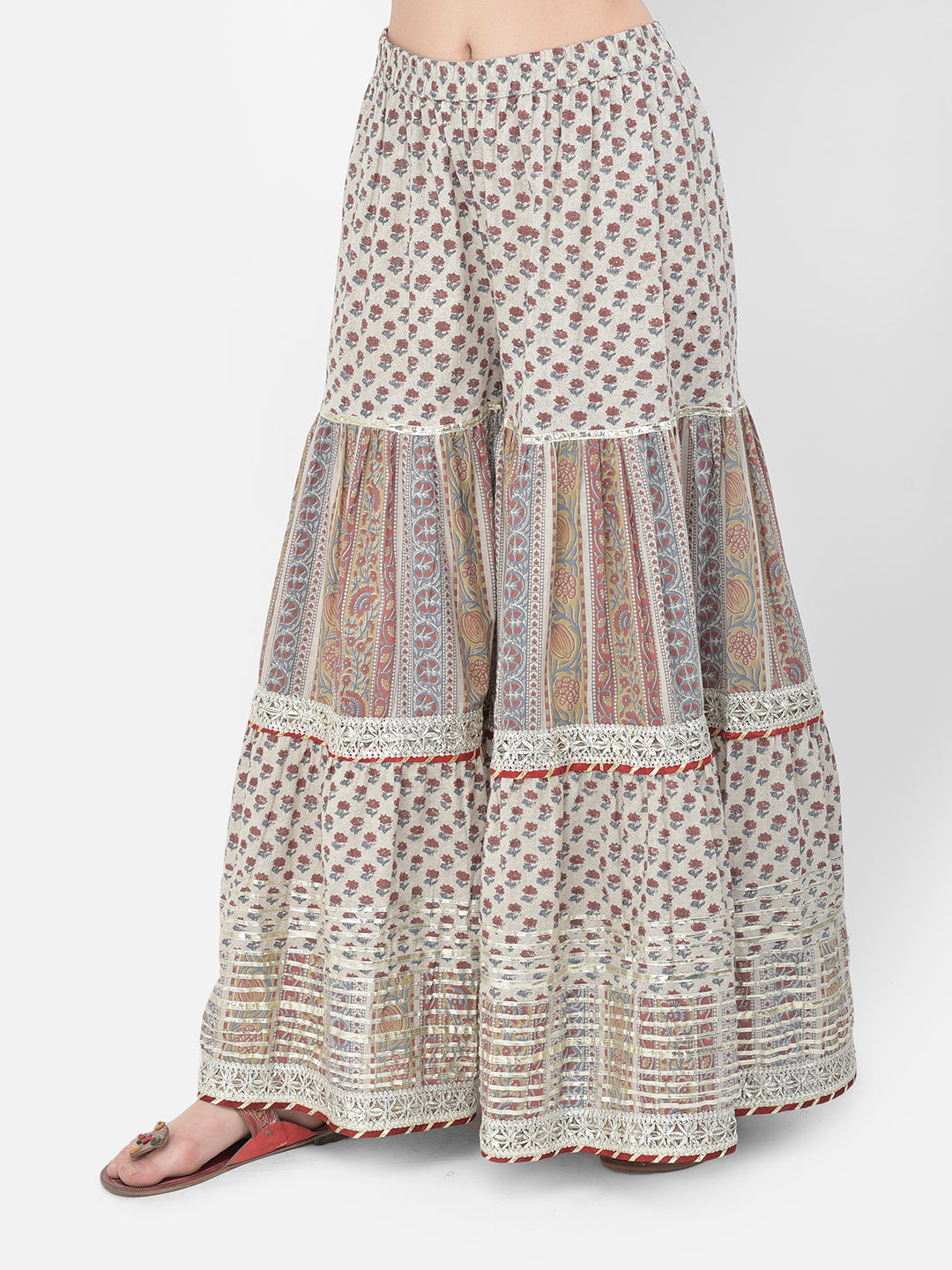Neerus Grey cotton printed kurta set with palazzo and dupatta - detail view 4
