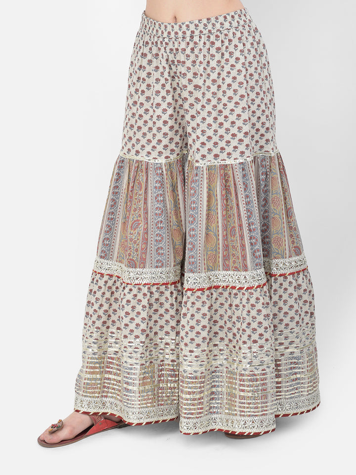 Neerus Grey cotton printed kurta set with palazzo and dupatta - detail view 4