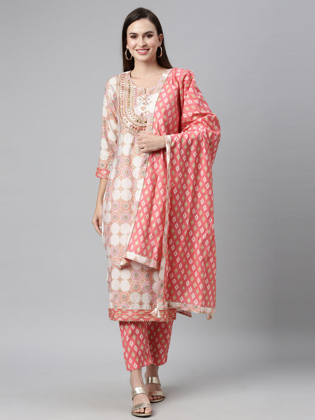 Neerus Coral Color Chanderi Cotton Fabric Kurta Sets With Dupatta