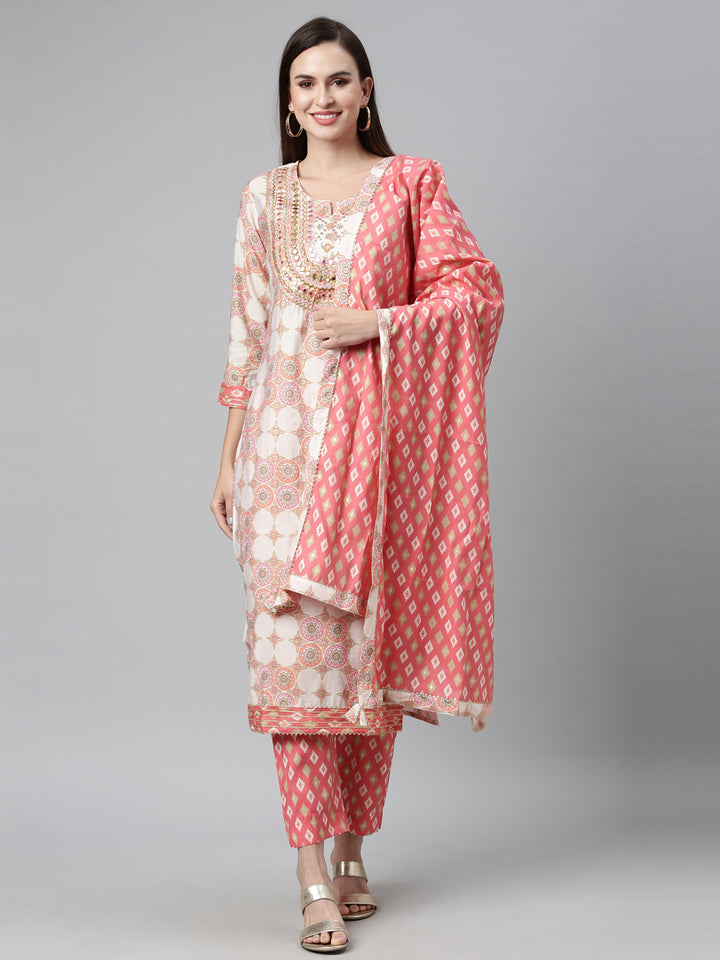 Neerus Coral Color Chanderi Cotton Fabric Kurta Sets With Dupatta