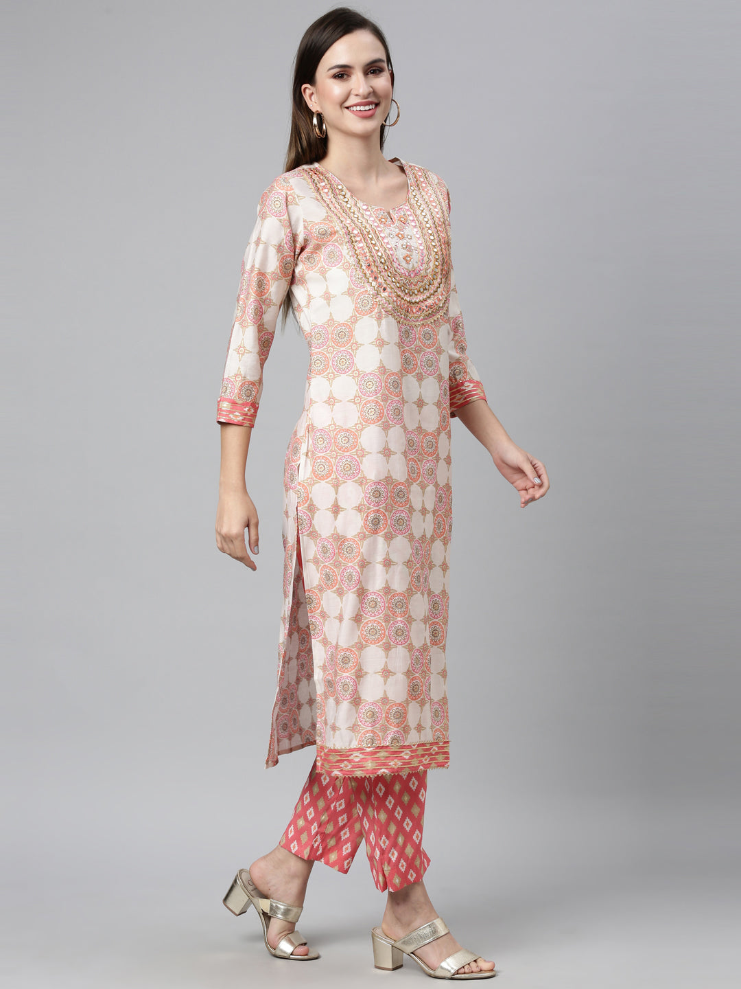 Neerus Coral Color Chanderi Cotton Fabric Kurta Sets With Dupatta