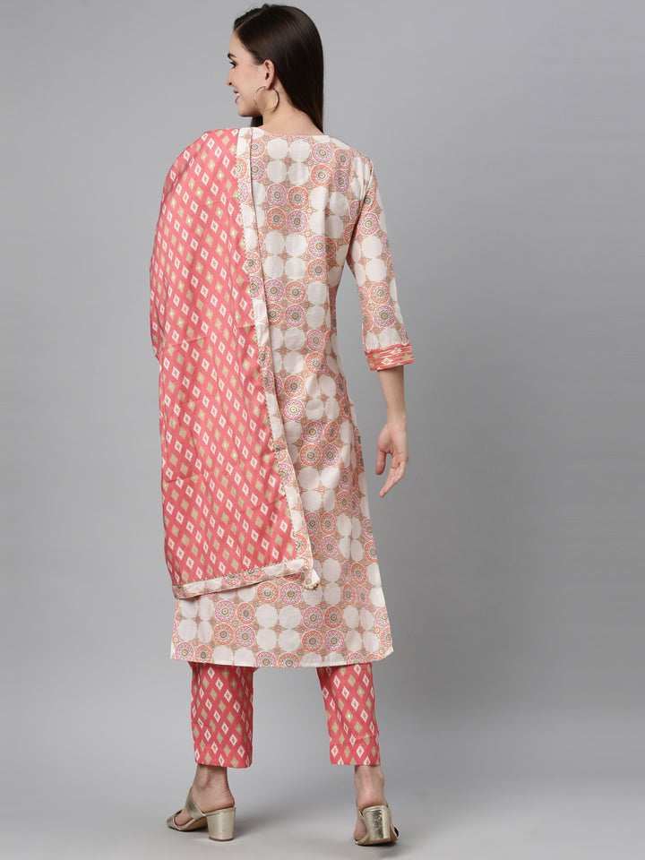 Neerus Coral Color Chanderi Cotton Fabric Kurta Sets With Dupatta