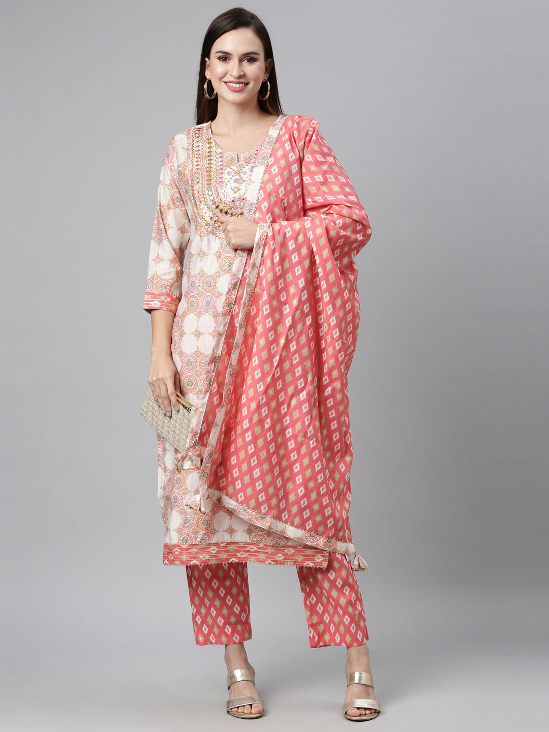 Neerus Coral Color Chanderi Cotton Fabric Kurta Sets With Dupatta