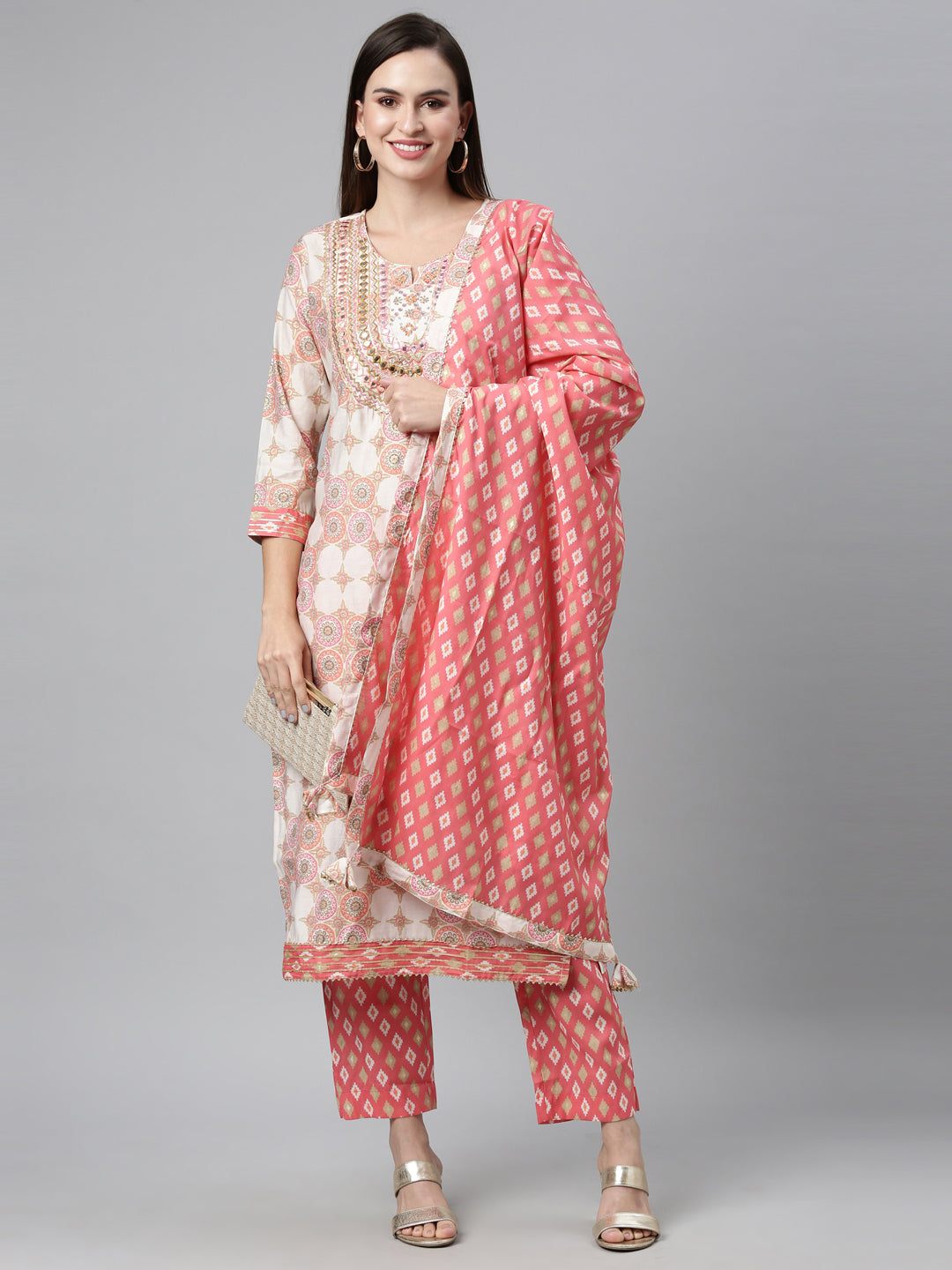 Neeru'S CORAL color, Chanderi Cotton fabric Kurta Sets With Dupatta