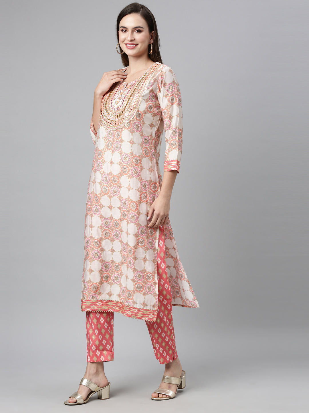 Neeru'S CORAL color, Chanderi Cotton fabric Kurta Sets With Dupatta