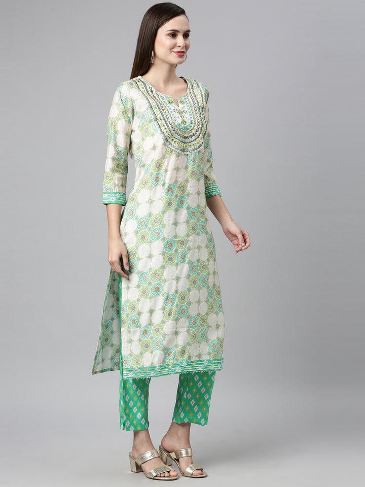 Neerus Sea Green Color Chanderi Cotton Fabric Kurta Sets With Dupatta