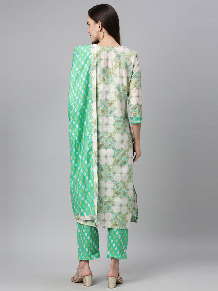 Neerus Sea Green Color Chanderi Cotton Fabric Kurta Sets With Dupatta