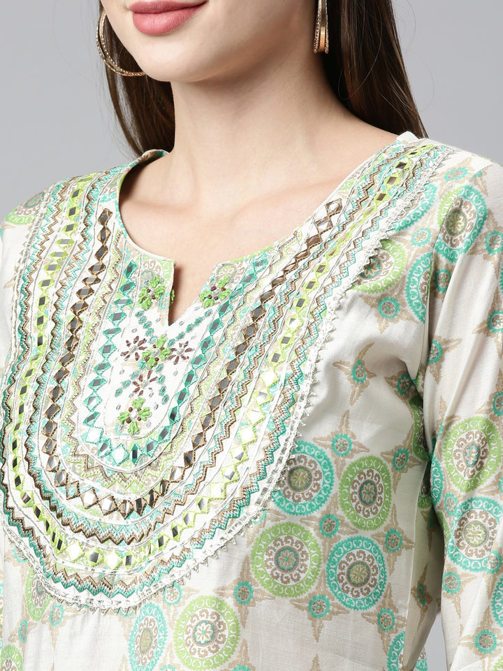 Neerus Sea Green Color Chanderi Cotton Fabric Kurta Sets With Dupatta