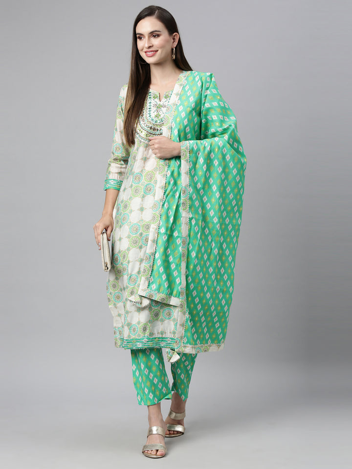 Neerus Sea Green Color Chanderi Cotton Fabric Kurta Sets With Dupatta