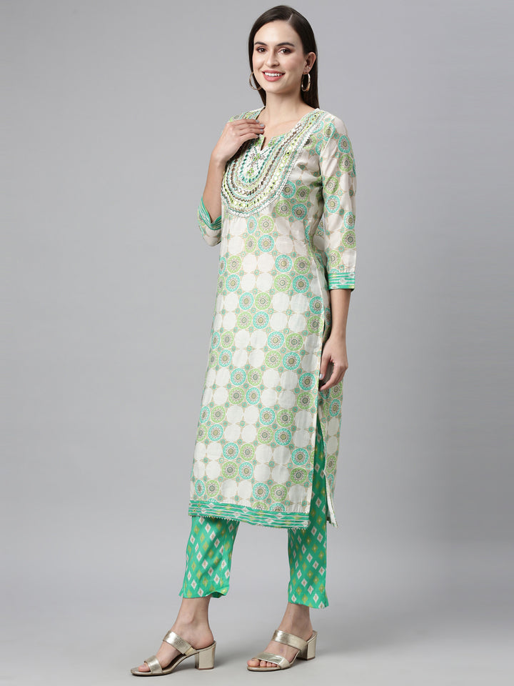 Neerus Sea Green Color Chanderi Cotton Fabric Kurta Sets With Dupatta