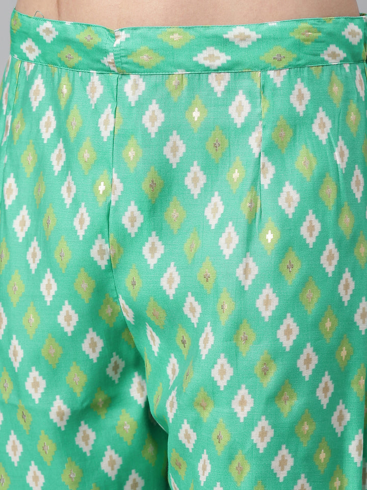 Neerus Sea Green Color Chanderi Cotton Fabric Kurta Sets With Dupatta