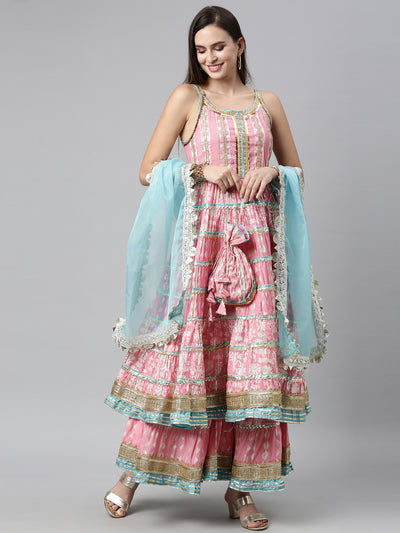Neeru'S PINK color, Chanderi Silk fabric Kurta Sets With Dupatta