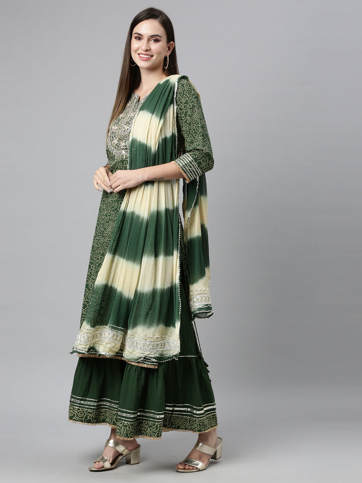 Neerus Green Color Jute Cotton Fabric Kurta Sets With Dupatta
