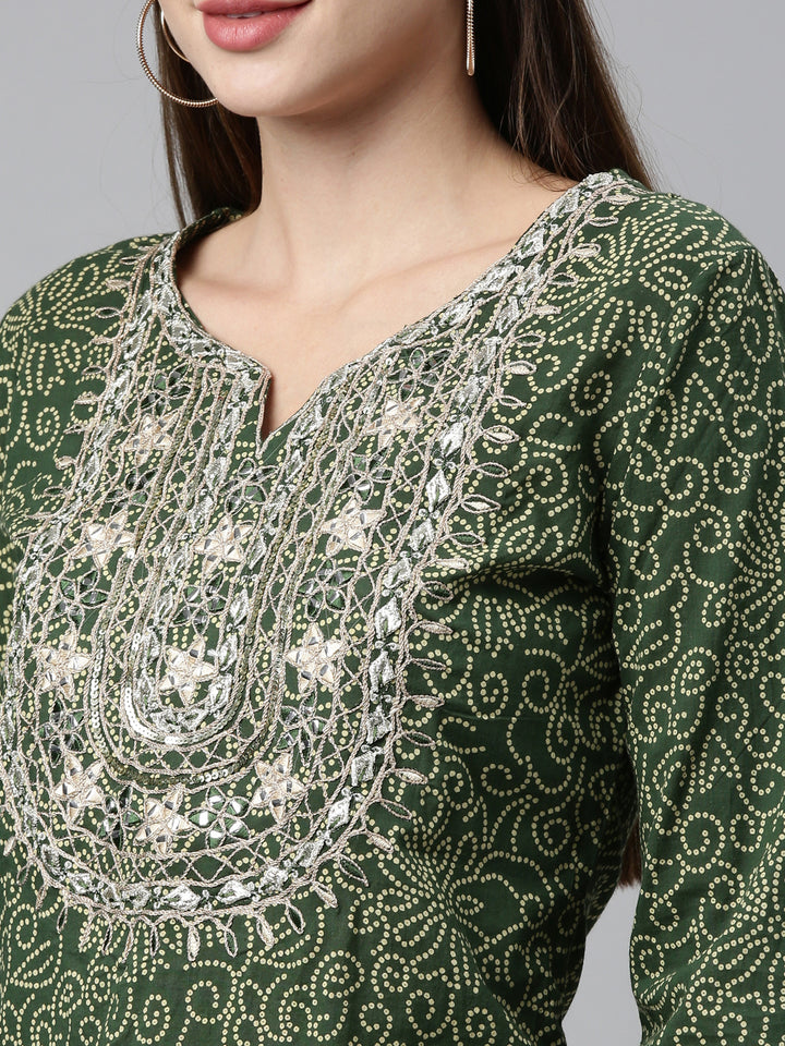 Neerus Green Color Jute Cotton Fabric Kurta Sets With Dupatta