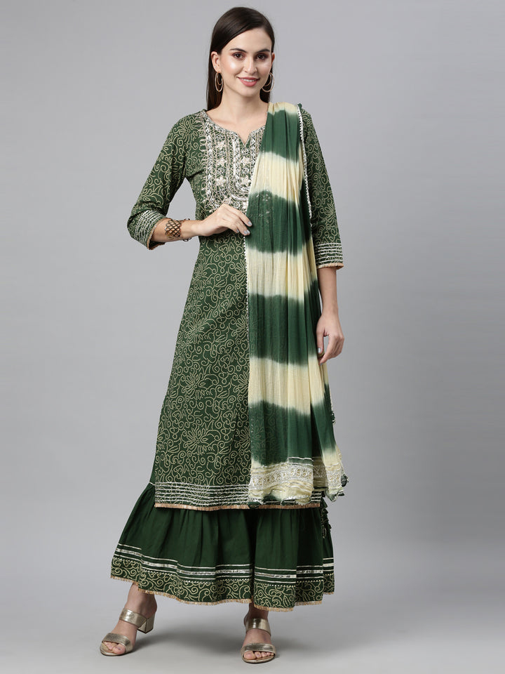 Neerus Green Color Jute Cotton Fabric Kurta Sets With Dupatta