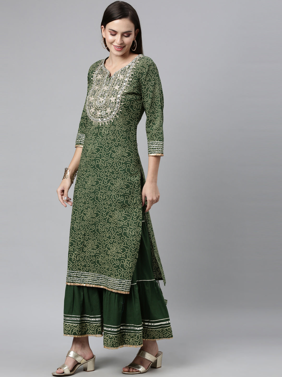 Neerus Green Color Jute Cotton Fabric Kurta Sets With Dupatta