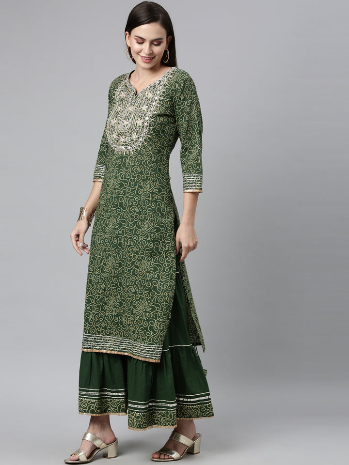 Neerus Green Color Jute Cotton Fabric Kurta Sets With Dupatta